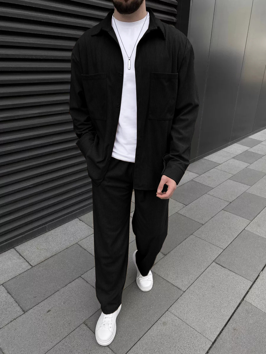 Street Fashion Us - 남성 코듀로이 투피스 세트: 긴팔 버튼다운