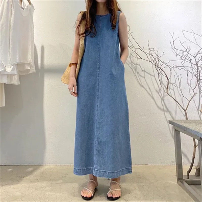 Street Fashion Shanghai - 세련된 롱 드레스, 라운드넥 민소매 포켓