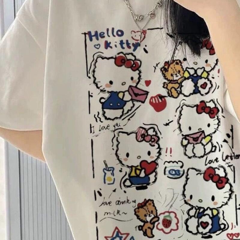 Street Fashion Us - 반팔 여름 헬로키티 그래피티 프린트 티셔츠