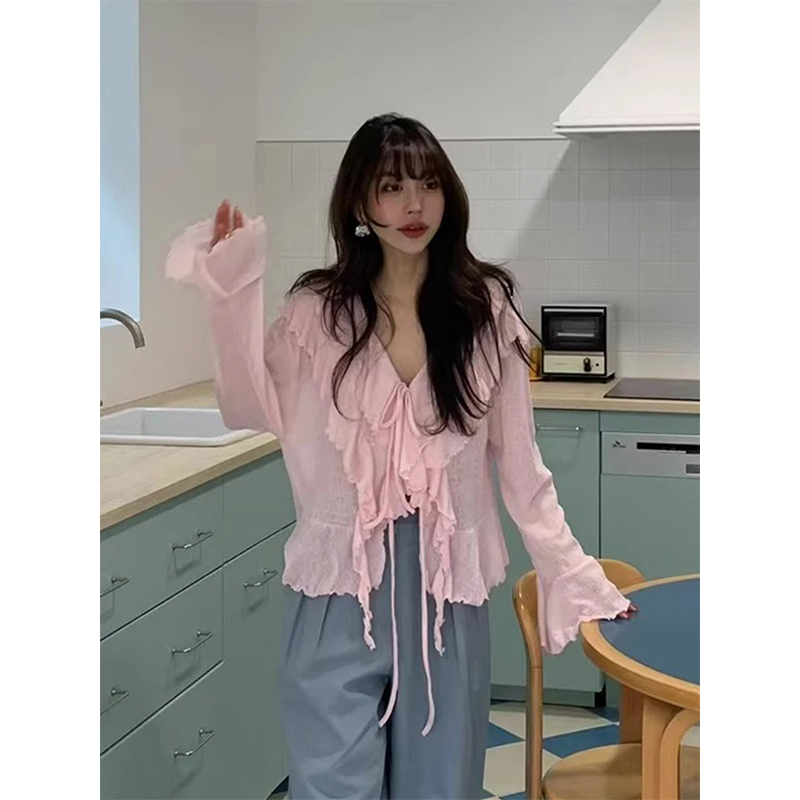 MEXZT 자른 흰색 셔츠 여성 패션 프릴 붕대 핑크  - Street Fashion In Korea 리뷰 및 가격