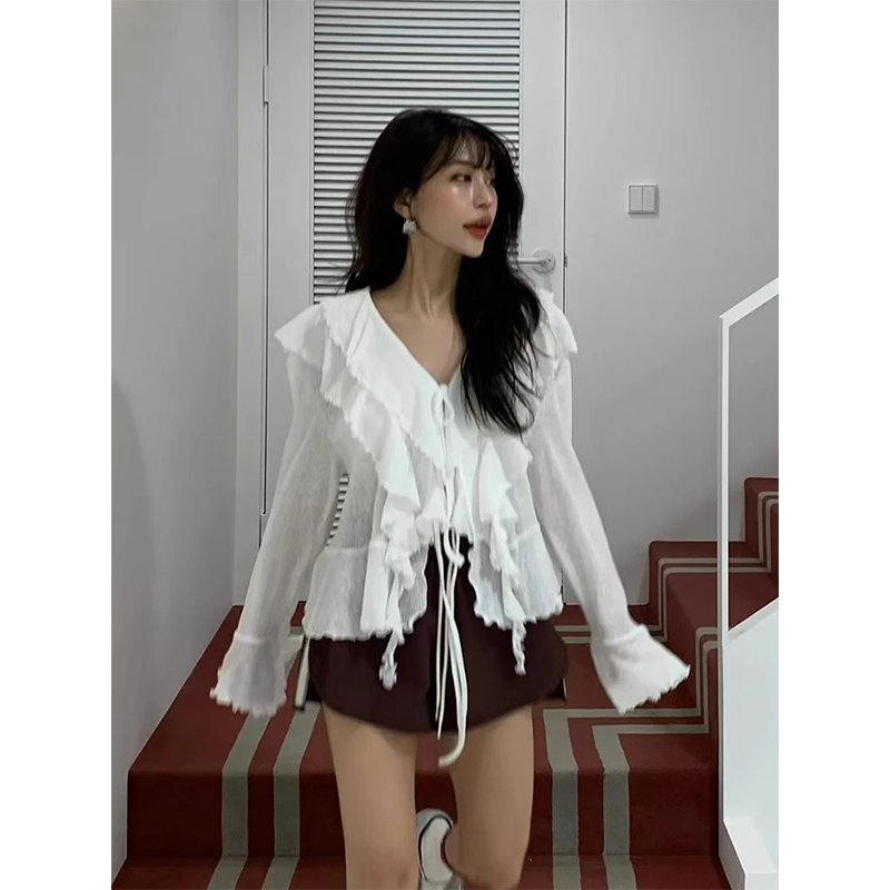 MEXZT 자른 흰색 셔츠 여성 패션 프릴 붕대 핑크  - Street Fashion In Korea 리뷰 및 가격