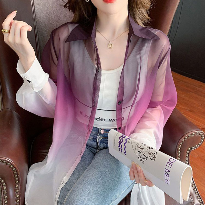 패션 그라디언트 색상 쉬폰 셔츠 여성 여름 넥타이 염료 - Street Fashion In Korea 리뷰 및 가격