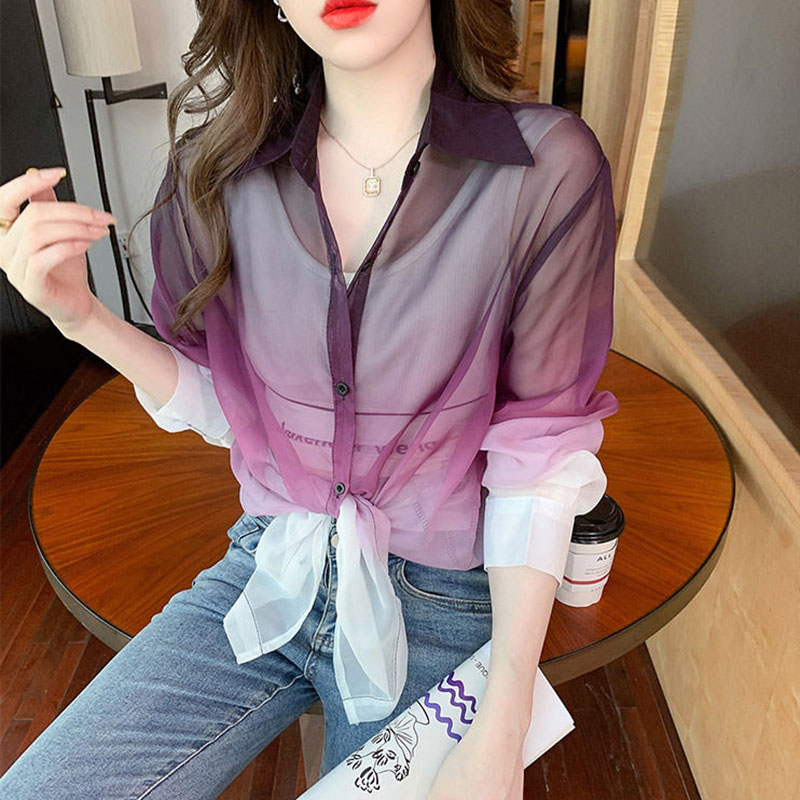 패션 그라디언트 색상 쉬폰 셔츠 여성 여름 넥타이 염료 - Street Fashion In Korea 리뷰 및 가격
