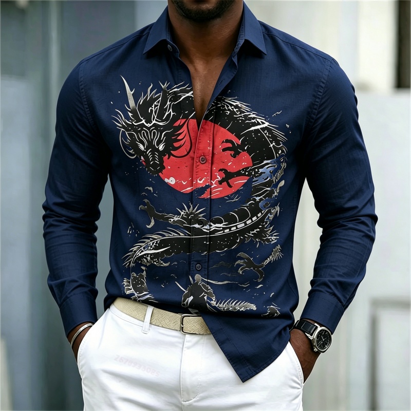 2026 신상 남성 셔츠 화이트 블랙 레드 배색 드래곤 - Street Fashion Us 리뷰 및 가격