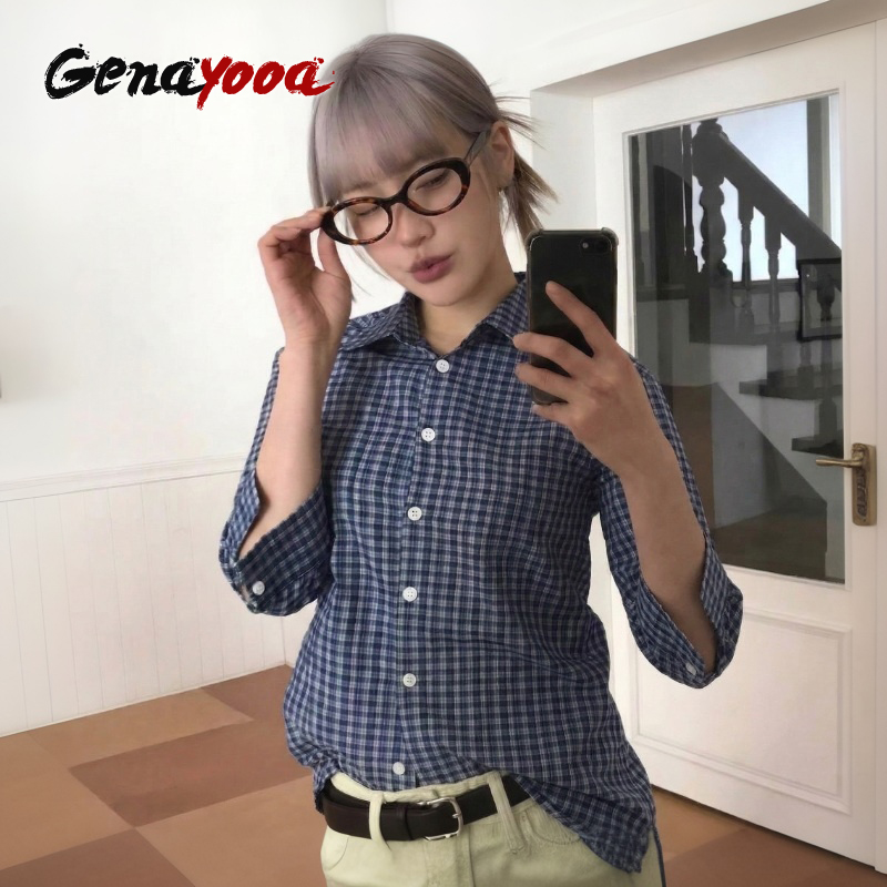 Genayooa Y2k 격자 무늬 셔츠 여성 3 분기  - Street Fashion In Korea 리뷰 및 가격