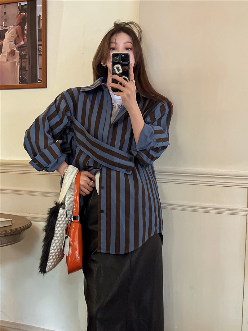 비대칭 개성 있는 한국 스트라이프 셔츠, 캐쥬얼 및 패 - Street Fashion In Korea 리뷰 및 가격
