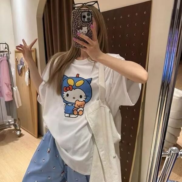 반팔 헬로 키티 프린트 티셔츠 산리오 여성 여름 새로운 - Street Fashion Us 리뷰 및 가격