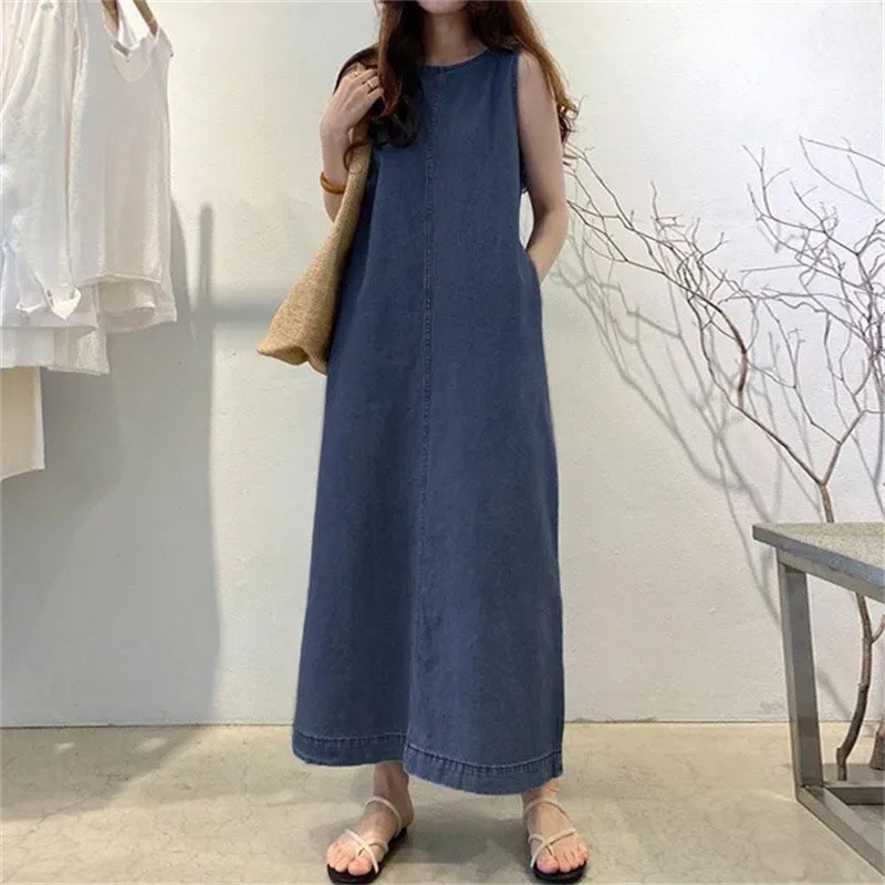 세련된 롱 드레스, 라운드넥 민소매 포켓 루즈핏 롱 스 - Street Fashion Shanghai 리뷰 및 가격