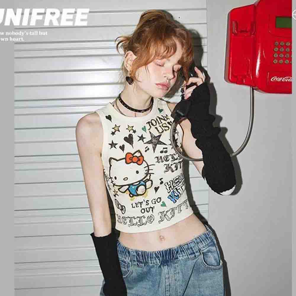 산리오 헬로키티 여성용 귀여운 레이스업 탑 여름 Y2K - Street Fashion Girls 리뷰 및 가격