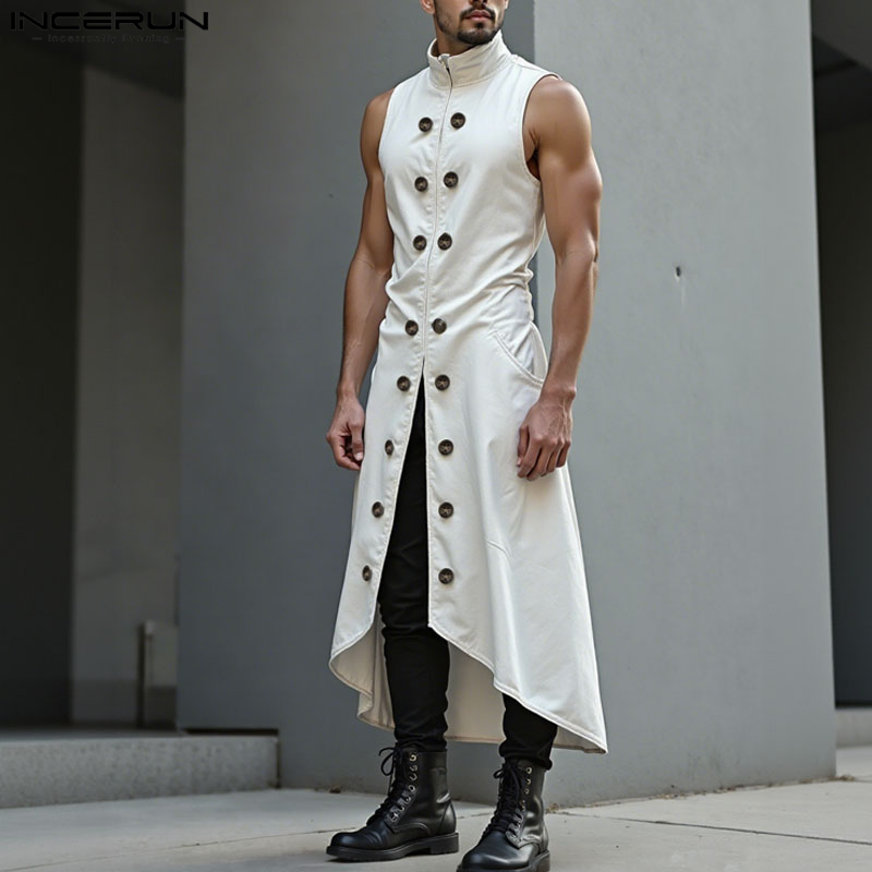 INCERUN 남성 롱 스타일 조끼 솔리드 컬러 더블  - Street Fashion Style Male 리뷰 및 가격