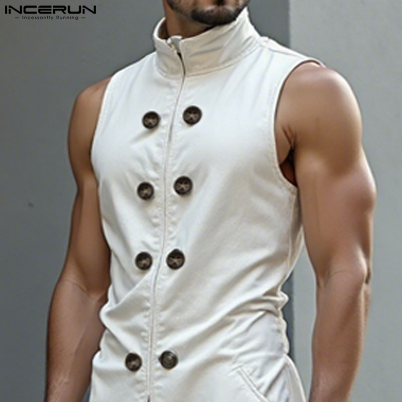 INCERUN 남성 롱 스타일 조끼 솔리드 컬러 더블  - Street Fashion Style Male 리뷰 및 가격