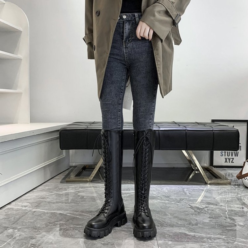 여성용 니하이 부츠 레이스업 컴뱃 부티 플랫폼 러그 솔 - Street Fashion Winter 리뷰 및 가격